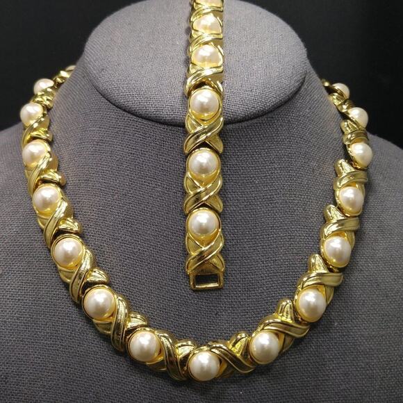 Vintage Gold Plated Necklace Bracelet Set, White Faux Pearl Cabochons, 1980s - Picture 1 of 6